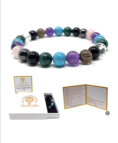Cleanse and Clear Negative Energies Healing Crystal Power Bead Bracelet - Gift Box & Tag - Malachite, Shungite, Turquoise, Amethyst, Smoky Q - ghostswithin