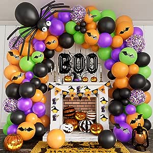 DBKL Halloween Balloons Garland Arch Kit DIY Halloween Party Supplies with BOO Foil Balloon Spider Balloon Black Orange Purple Fruit Green Confetti Balloon for Halloween Day Party Decorations - ghostswithin