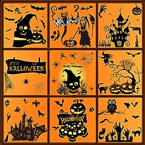 9 Sheet Halloween Window Stickers, Reusable Halloween Window Cling Decals Decoration Including Bat, Castle, Pumpkin, Double-Sided Static Sticker for Halloween Decor Party (Castle and Pumpkin 2)