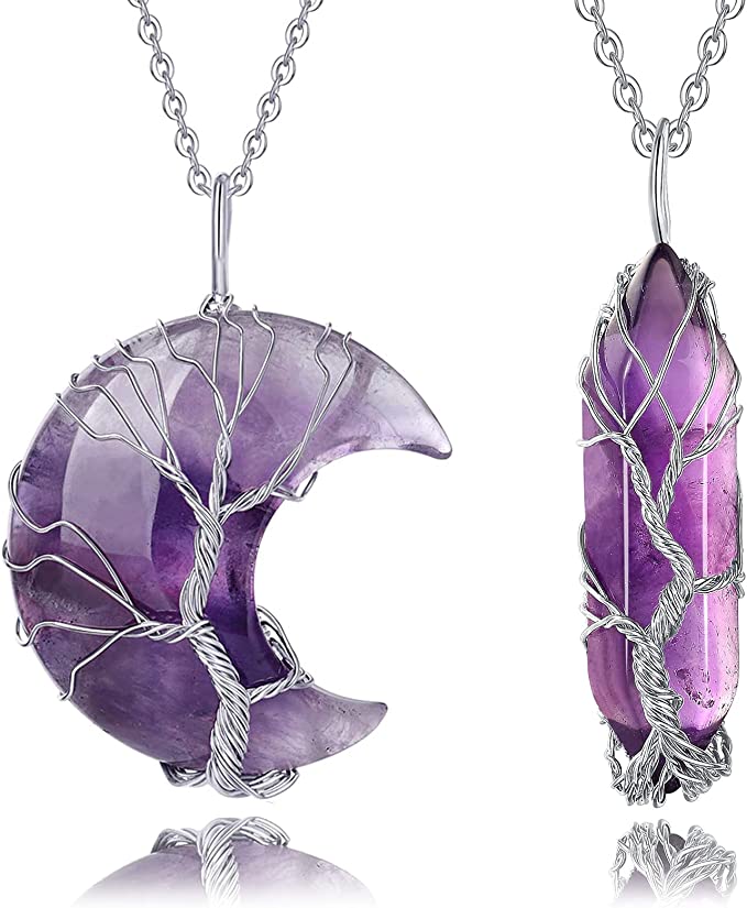 Amethyst Healing Crystal Necklace Silver Wire Wrapped Crescent Moon Pendant & Double Pointed Hexagonal Prime Crystal Quartz Stone Reiki Gemstone Chakra Jewelry for Women Valentine's Day Gift
