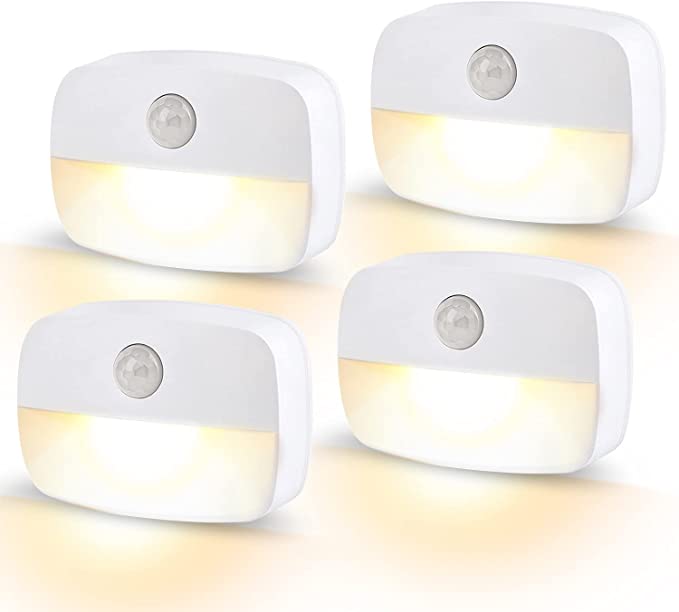 LED Motion Sensor Night Light, [4 Pack] Stick-On Night Light by Battery Powered, Stair Sensor Lights Indoors, Auto/ON/Off Light for Toilet, Hallway, Closet, Kitchen, Children's Room, Warm White Light