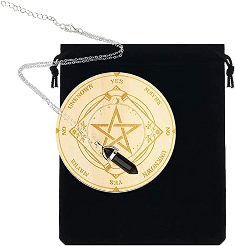 3PCS Pendulum Board Dowsing Divination, Star Pendulum Board Wooden Divination Board Carven Board 1PC Crystal Dowsing Pendulum Necklace Witchcraft Supplies Metaphysical Message Board with Velvet Bag - ghostswithin