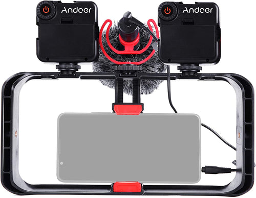 ALL IN ONE Andoer Smartphone Video Rig Kit Including Smartphone Cage with 3 Cold Shoe Mounts + 2pcs Mini LED Video Lights + Microphone with Shock Mount Wind Screen for Vlog Video Recording Live Streaming - ghostswithin