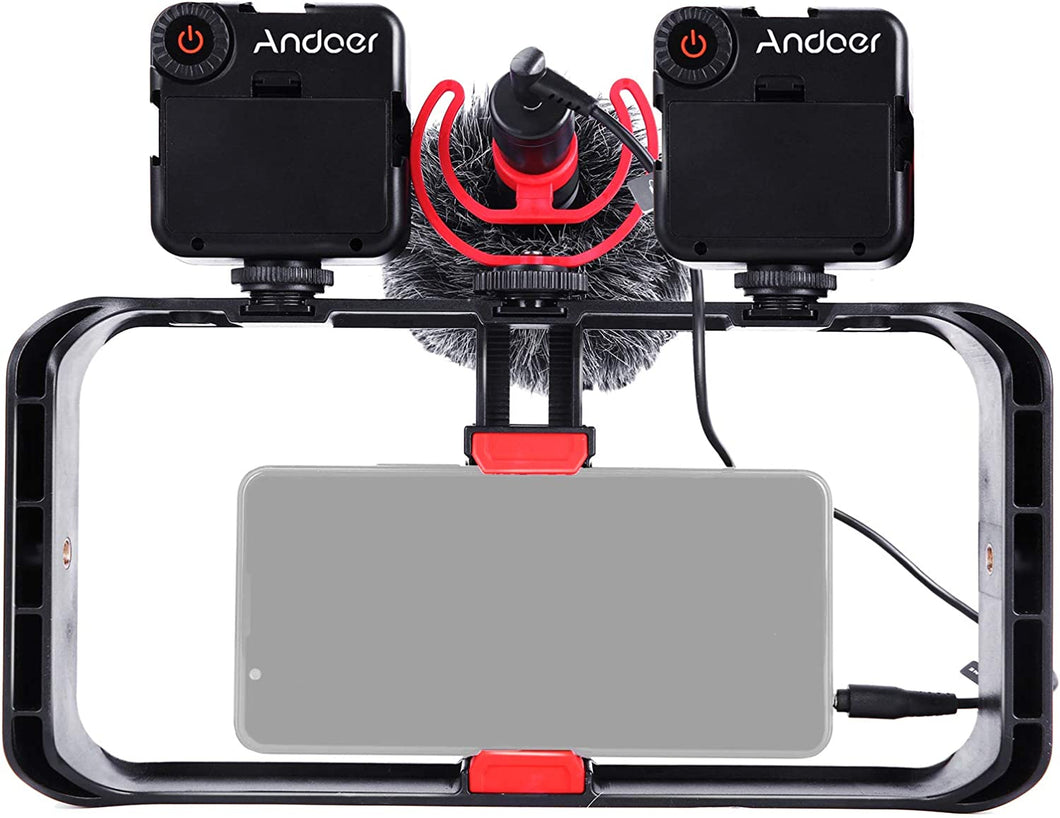 ALL IN ONE Andoer Smartphone Video Rig Kit Including Smartphone Cage with 3 Cold Shoe Mounts + 2pcs Mini LED Video Lights + Microphone with Shock Mount Wind Screen for Vlog Video Recording Live Streaming