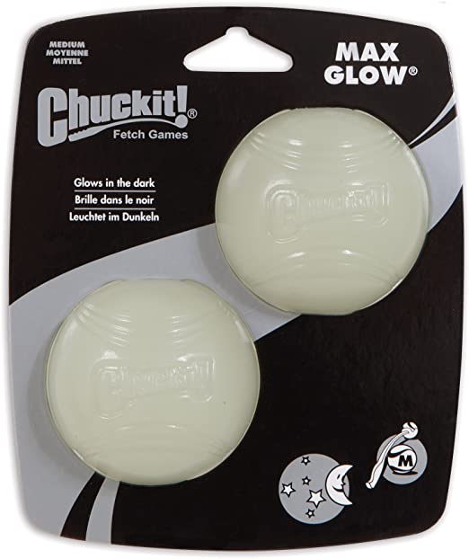 Chuckit! Max Glow Dog Ball High Visibility Glow In The Dark Bouncy Rubber Night Time Fetch Toy - Medium (6.5 cm) - 2 Pack - ghostswithin