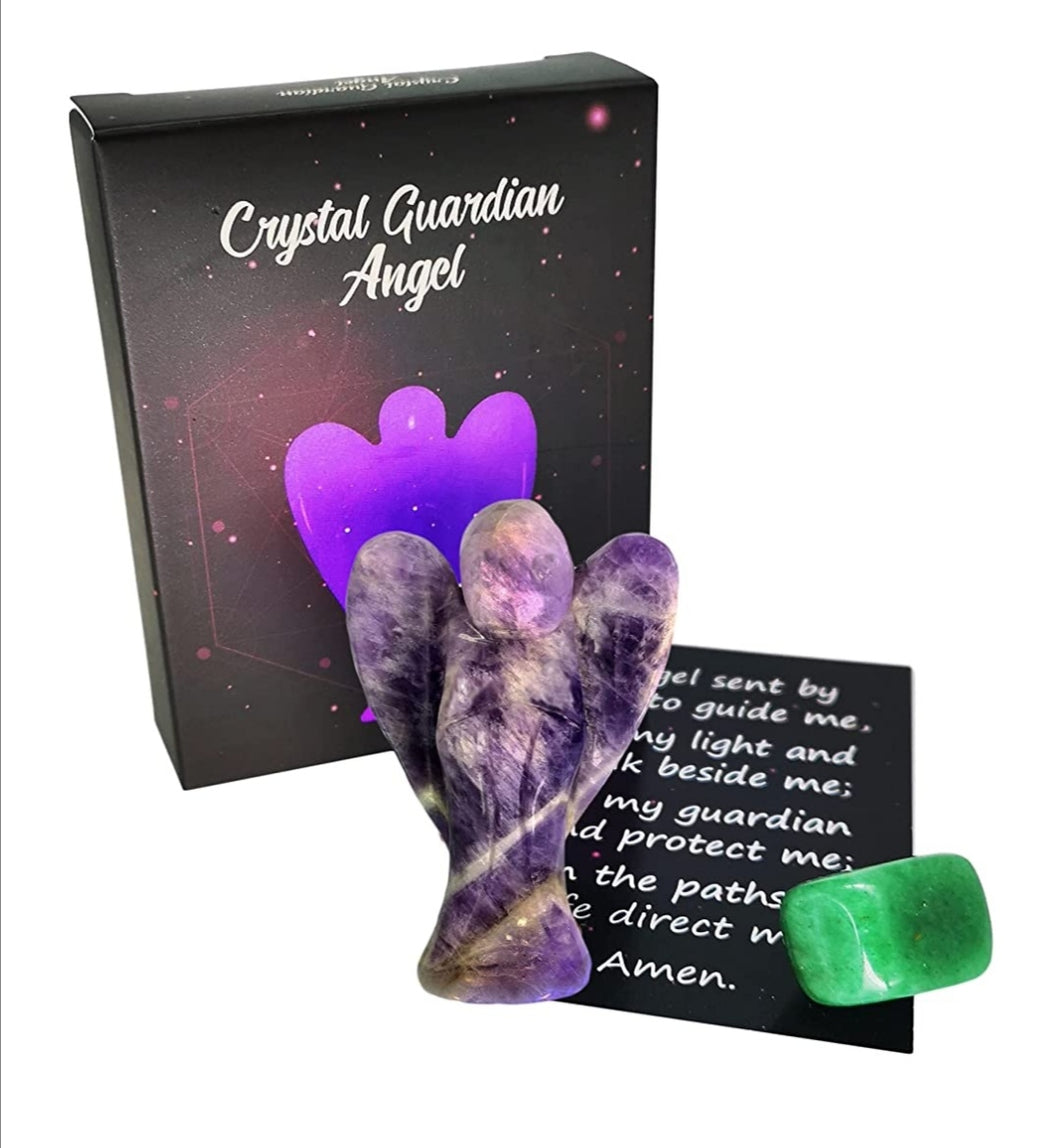 Amethyst Guardian Angel Including Extra Chakra Crystal 1 1/2 Inch Angel with Gift Box & Tiger’s Eye, Turquoise, Amethyst, Lapis Lazuil, Clea