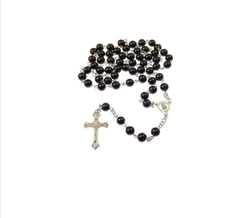 JRose Collections Long Black Glass Catholic Rosary Beads with Our Lady center 8mm beads - ghostswithin