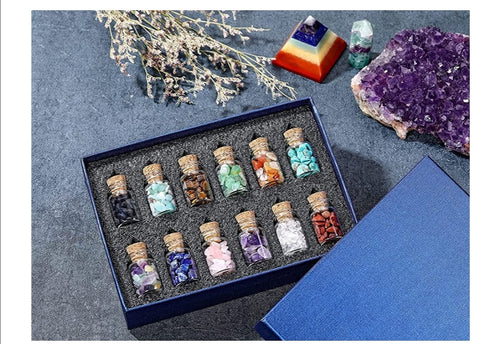 12 Mini Crystals Stone Chip Bottles Healing Crystal Tumbled Gemstone Wishing Bottles Wicca Stones Set for Balancing Meditation - ghostswithin