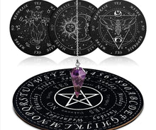 Load image into Gallery viewer, 5 Pieces Pendulum Board Dowsing Divination Set Include 4 Pieces Metaphysical Message Board Wooden Divination Board and 1 Pieces Crystal Amet
