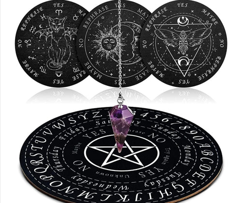 5 Pieces Pendulum Board Dowsing Divination Set Include 4 Pieces Metaphysical Message Board Wooden Divination Board and 1 Pieces Crystal Amet - ghostswithin