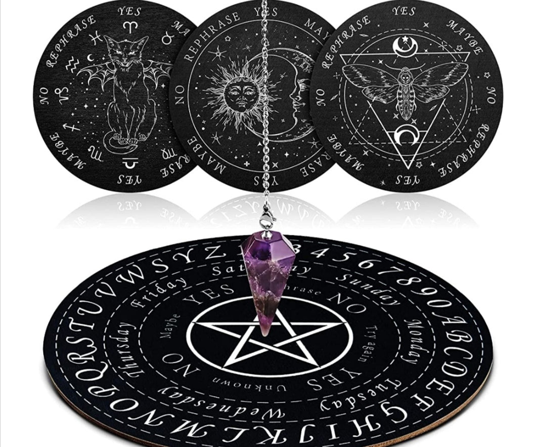 5 Pieces Pendulum Board Dowsing Divination Set Include 4 Pieces Metaphysical Message Board Wooden Divination Board and 1 Pieces Crystal Amet