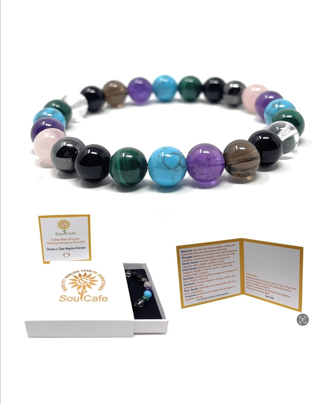 Cleanse and Clear Negative Energies Healing Crystal Power Bead Bracelet - Gift Box & Tag - Malachite, Shungite, Turquoise, Amethyst, Smoky Q